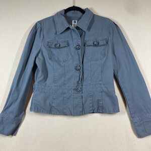 Vintage Gap Women's Y2K Jacket Large‎ Grey Cropped Canvas Pockets Preppy Casual